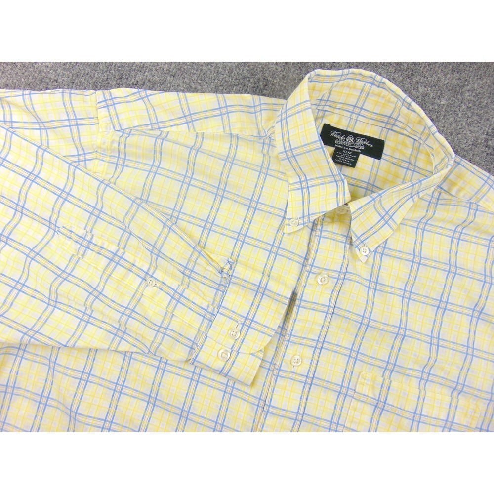 Brooks‎ Brothers Country Club Shirt Mens XL Yellow Blue Plaid USA Made Vtg Italy
